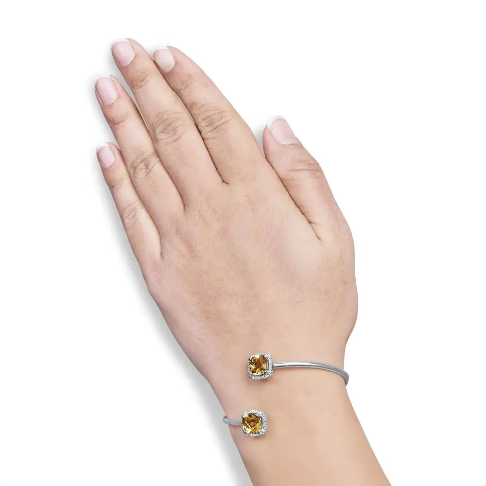 .925 Sterling Silver 8mm Cushion Cut Yellow Citrine Gemstone and Diamond Accent Split Bypass Bangle Bracelet (h-i Color