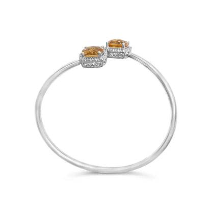 .925 Sterling Silver 8mm Cushion Cut Yellow Citrine Gemstone and Diamond Accent Split Bypass Bangle Bracelet (h-i Color