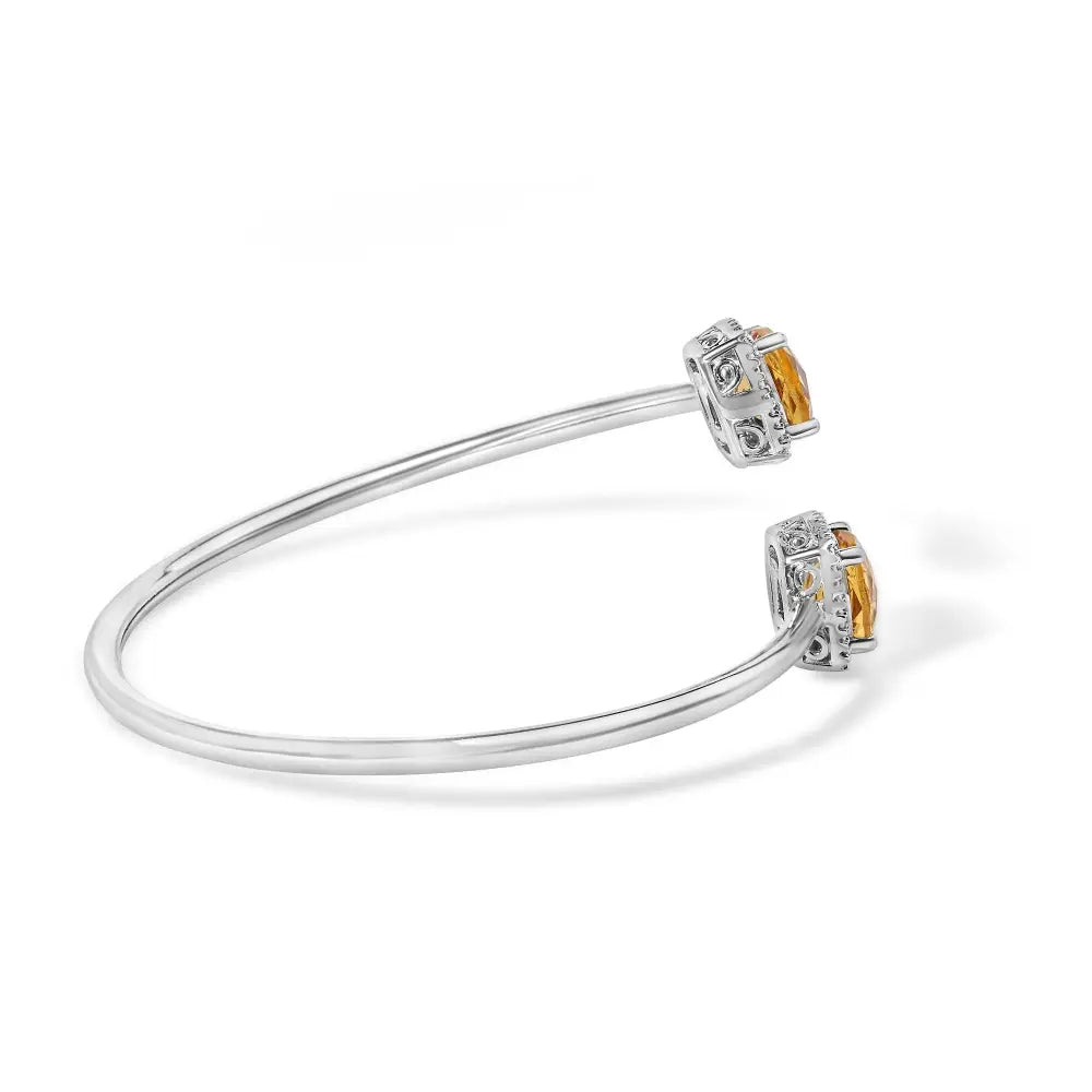 .925 Sterling Silver 8mm Cushion Cut Yellow Citrine Gemstone and Diamond Accent Split Bypass Bangle Bracelet (h-i Color