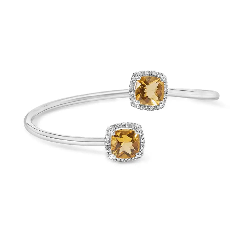 .925 Sterling Silver 8mm Cushion Cut Yellow Citrine Gemstone and Diamond Accent Split Bypass Bangle Bracelet (h-i Color