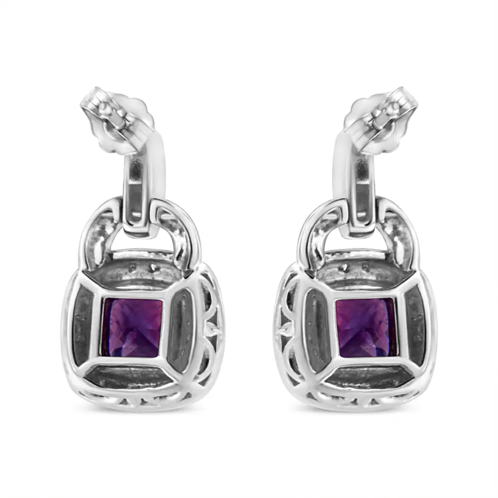 .925 Sterling Silver 8mm Natural Cushion Shaped Amethyst and Diamond Accent Halo with Push Back Dangle Earrings (i-j