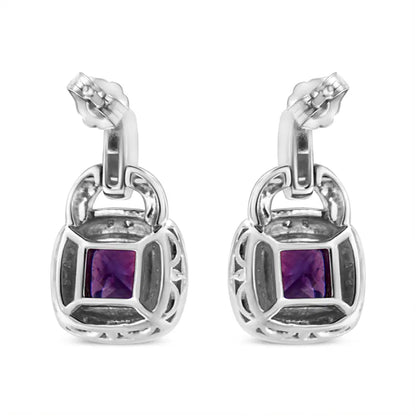 .925 Sterling Silver 8mm Natural Cushion Shaped Amethyst and Diamond Accent Halo with Push Back Dangle Earrings (i-j