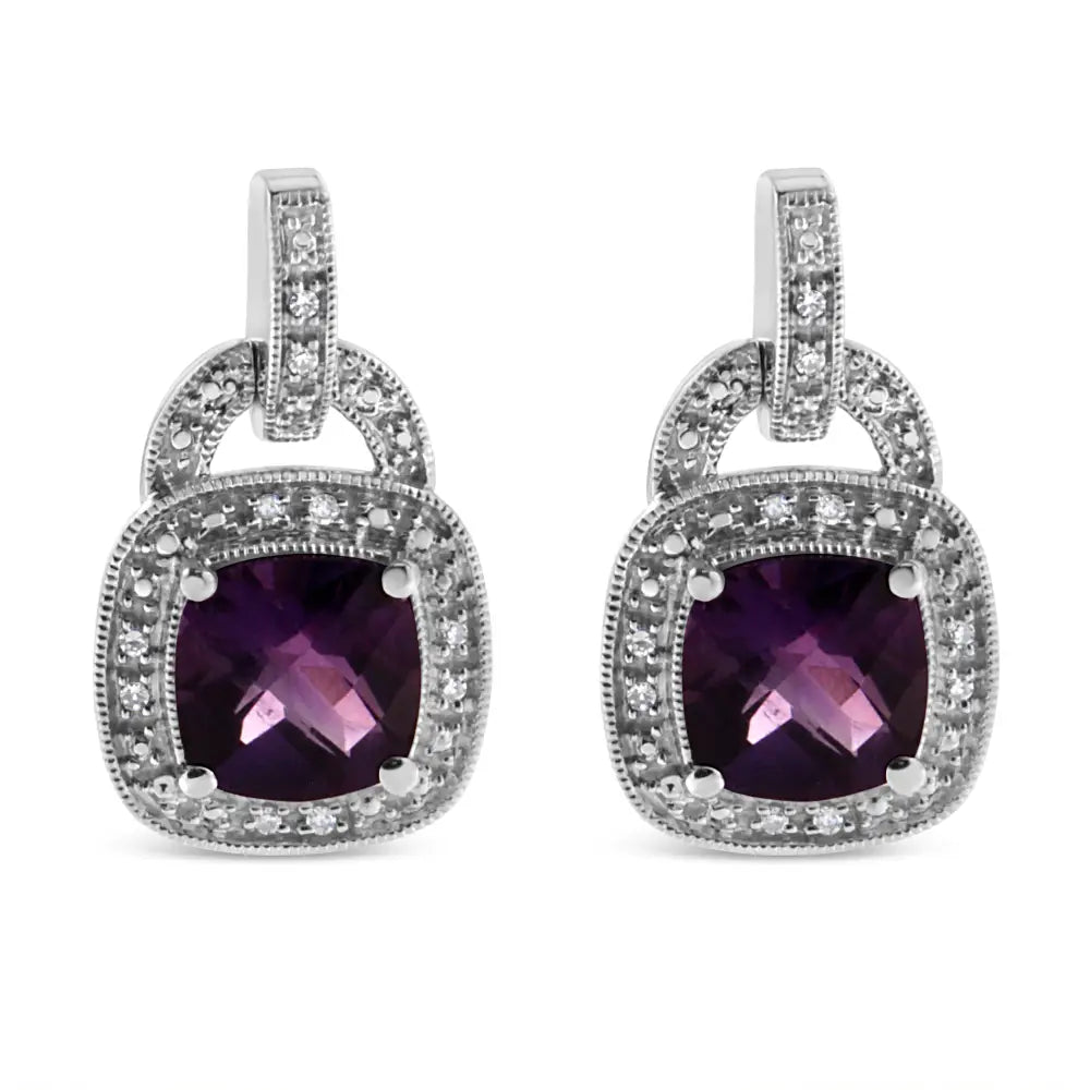 .925 Sterling Silver 8mm Natural Cushion Shaped Amethyst and Diamond Accent Halo with Push Back Dangle Earrings (i-j