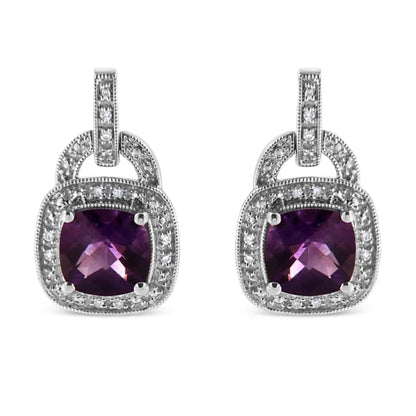 .925 Sterling Silver 8mm Natural Cushion Shaped Amethyst and Diamond Accent Halo with Push Back Dangle Earrings (i-j