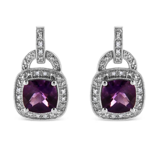 .925 Sterling Silver 8mm Natural Cushion Shaped Amethyst and Diamond Accent Halo with Push Back Dangle Earrings (i-j