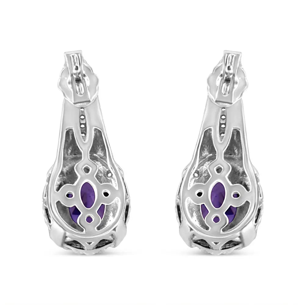 .925 Sterling Silver 8x6 Mm Natural Oval Purple Amethyst Gemstone and Diamond Accent Art Deco Style Drop Dangle