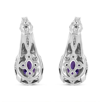 .925 Sterling Silver 8x6 Mm Natural Oval Purple Amethyst Gemstone and Diamond Accent Art Deco Style Drop Dangle