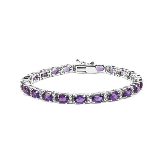 .925 Sterling Silver 9 1/2 Cttw Alternating Oval Amethyst and White Diamond Accent Link Tennis Bracelet (i-j Color I3