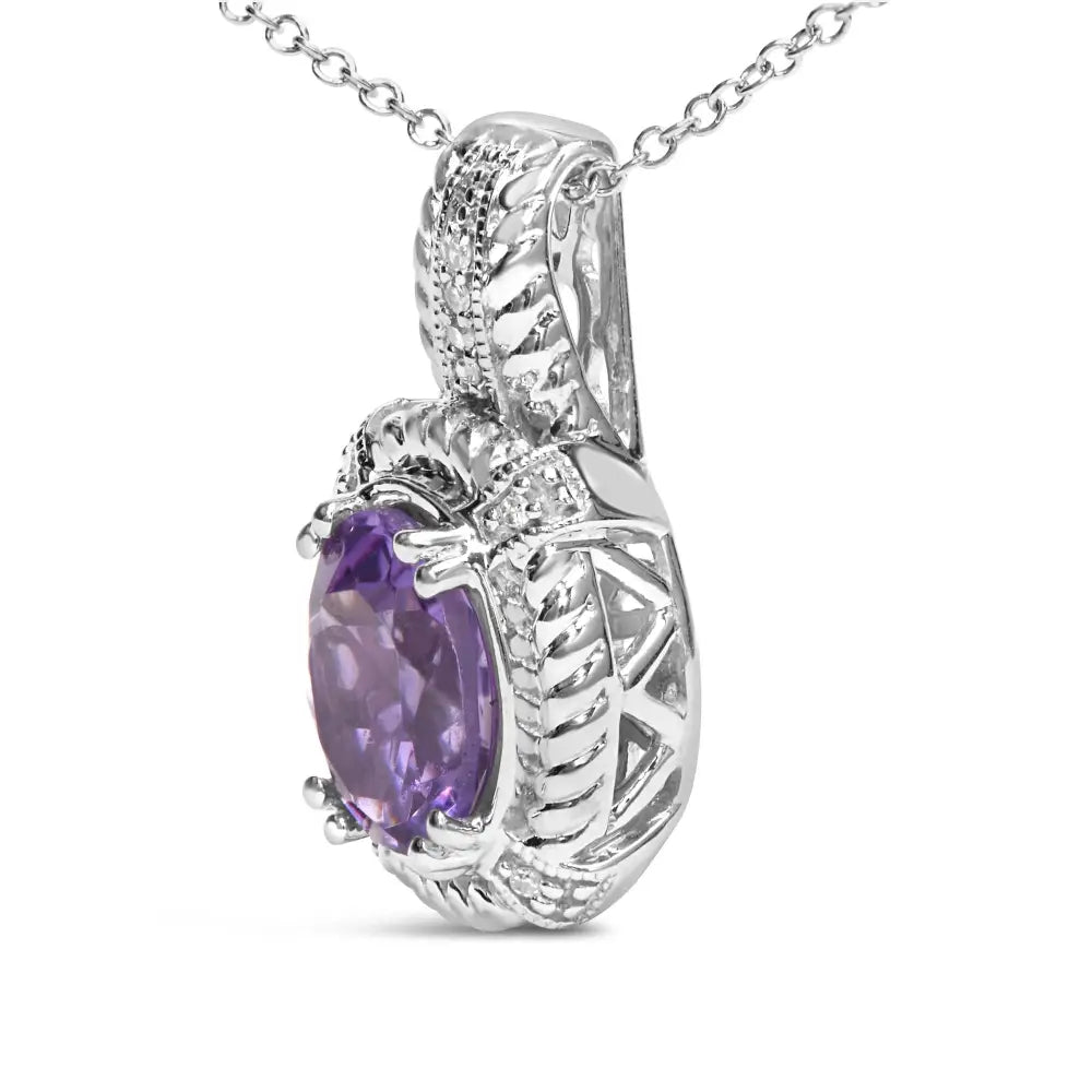 .925 Sterling Silver 9x7mm Oval Purple Amethyst and Round Diamond Accent Fashion Drop Pendant 18 Inch Necklace (i-j