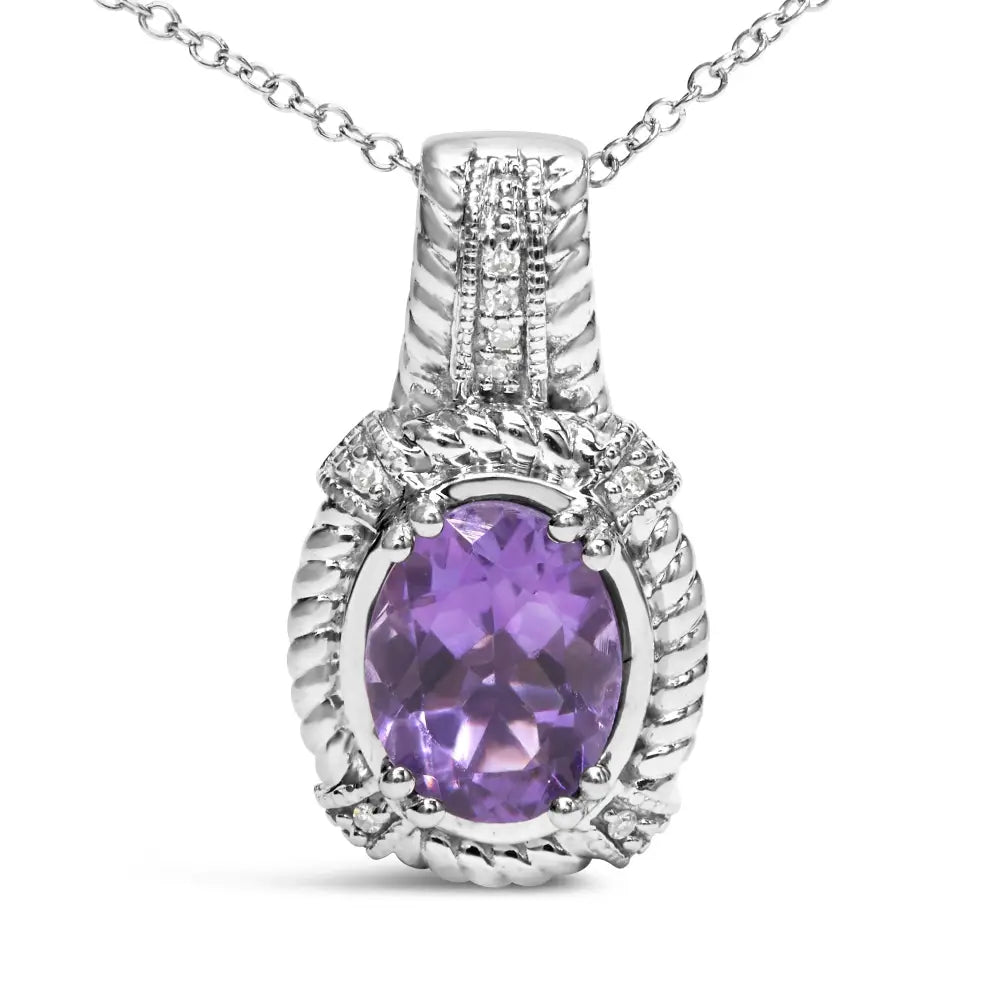 .925 Sterling Silver 9x7mm Oval Purple Amethyst and Round Diamond Accent Fashion Drop Pendant 18 Inch Necklace (i-j