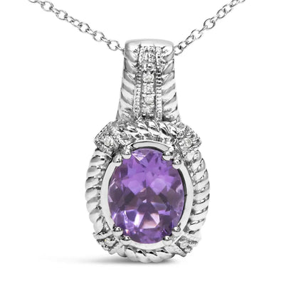 .925 Sterling Silver 9x7mm Oval Purple Amethyst and Round Diamond Accent Fashion Drop Pendant 18 Inch Necklace (i-j