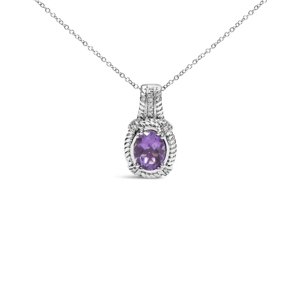 .925 Sterling Silver 9x7mm Oval Purple Amethyst and Round Diamond Accent Fashion Drop Pendant 18 Inch Necklace (i-j