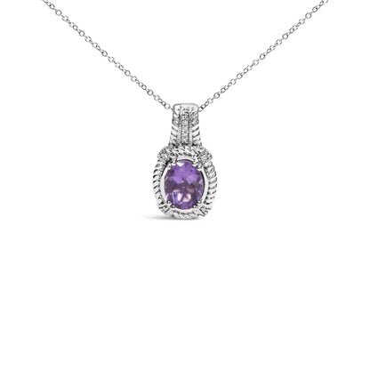 .925 Sterling Silver 9x7mm Oval Purple Amethyst and Round Diamond Accent Fashion Drop Pendant 18 Inch Necklace (i-j