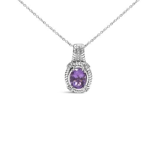 .925 Sterling Silver 9x7mm Oval Purple Amethyst and Round Diamond Accent Fashion Drop Pendant 18 Inch Necklace (i-j