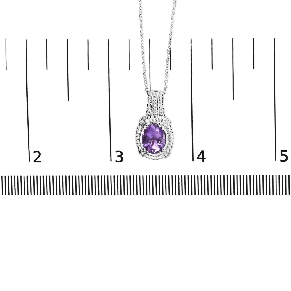 .925 Sterling Silver 9x7mm Oval Purple Amethyst and Round Diamond Accent Fashion Drop Pendant 18 Inch Necklace (i-j