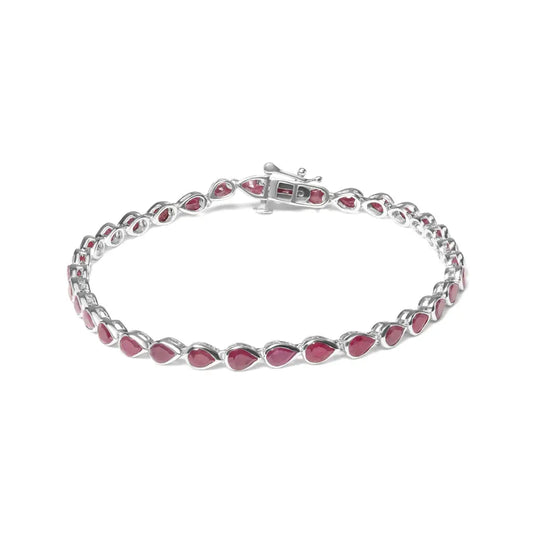 .925 Sterling Silver Bezel Set Pear Shaped Lab Created Pink Ruby Link Bracelet (aaa + Quality) - Size 7.25’’ - Fine