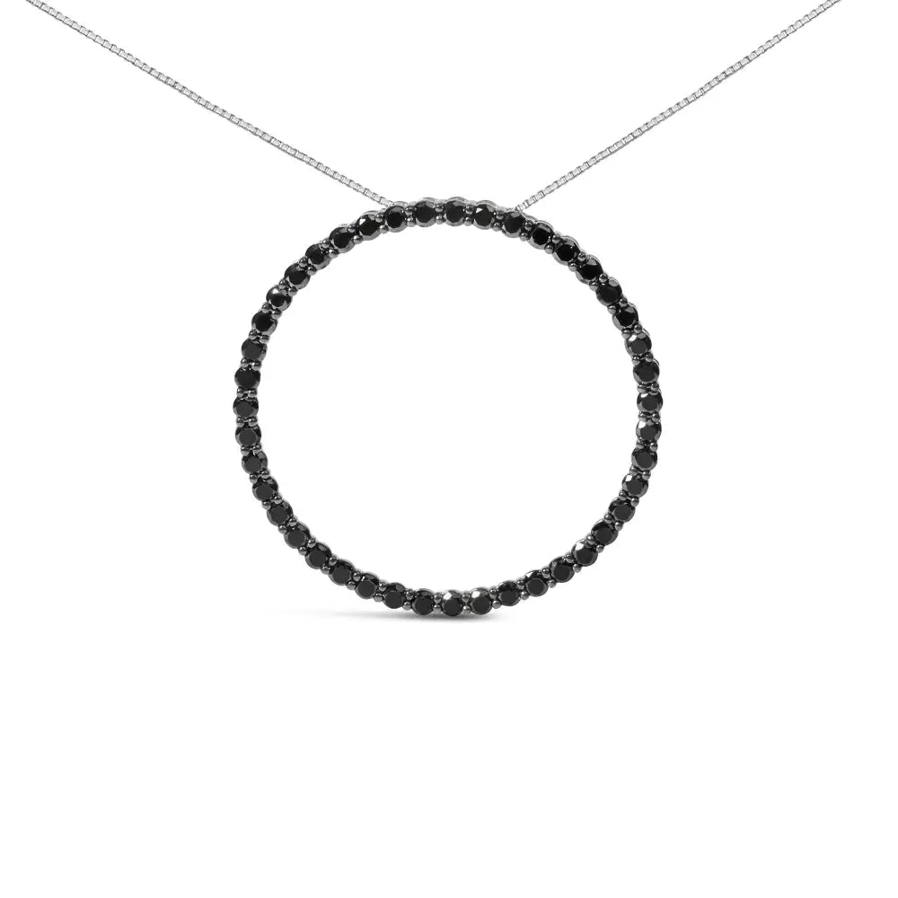 .925 Sterling Silver Black Diamond Open Hoop Circle 18’’ Pendant Necklace (black Color I2-i3 Clarity) - Fine