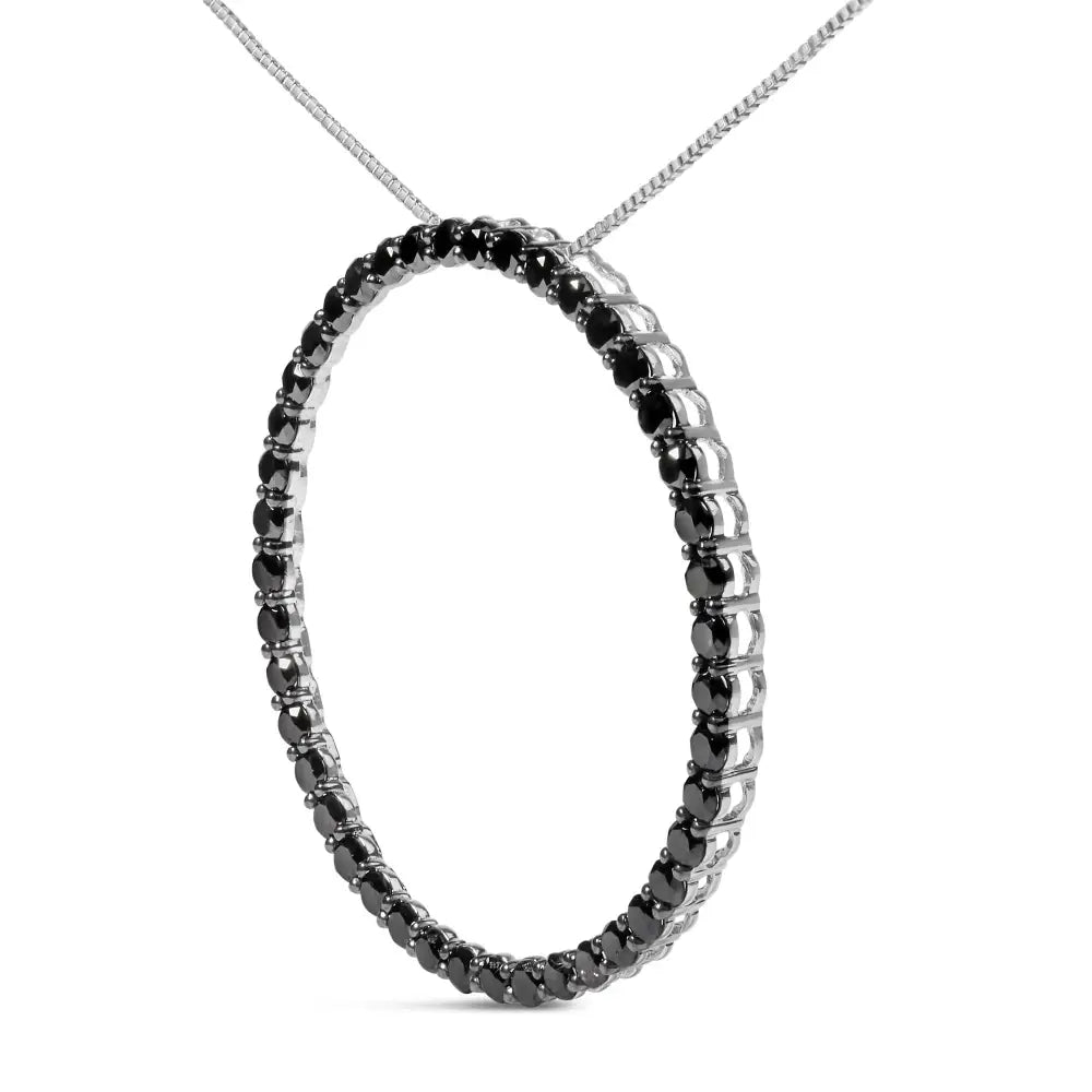 .925 Sterling Silver Black Diamond Open Hoop Circle 18’’ Pendant Necklace (black Color I2-i3 Clarity) - Fine