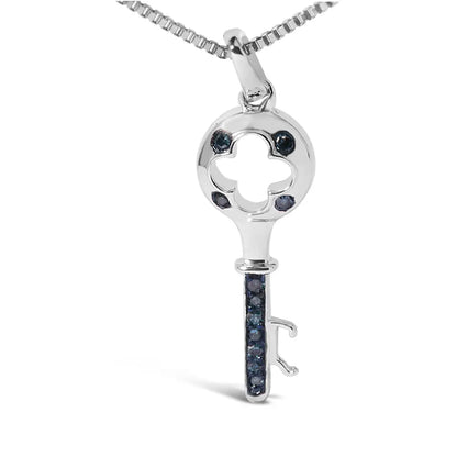 .925 Sterling Silver Blue Diamond Accent Key Pendant Necklace (blue Color I2-i3 Clarity) - 18’’ Inches - Fine