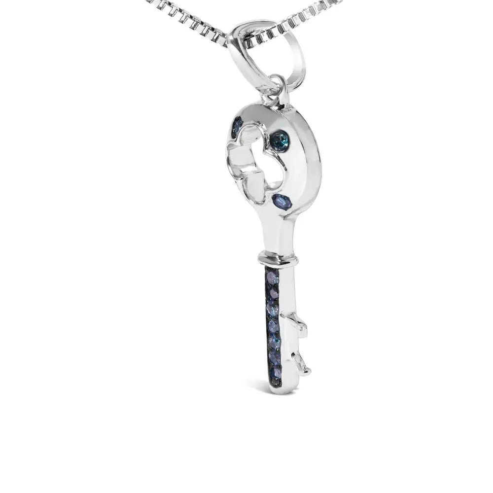 .925 Sterling Silver Blue Diamond Accent Key Pendant Necklace (blue Color I2-i3 Clarity) - 18’’ Inches - Fine