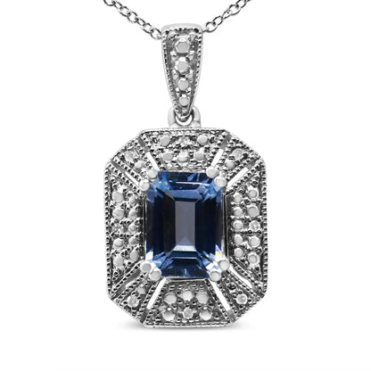 .925 Sterling Silver Blue Topaz and Diamond Accent Art Deco Style 18’’ Pendant Necklace (i-j Color I1-i2 Clarity)