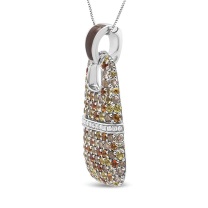 .925 Sterling Silver Brown Enamel 1 Cttw White and Diamonds 1.5mm Yellow Orange Sapphire Gemstones Statement 18’’