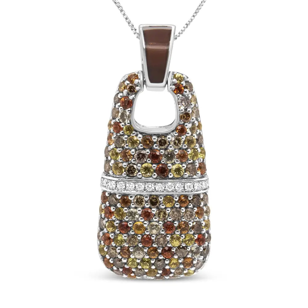 .925 Sterling Silver Brown Enamel 1 Cttw White and Diamonds 1.5mm Yellow Orange Sapphire Gemstones Statement 18’’