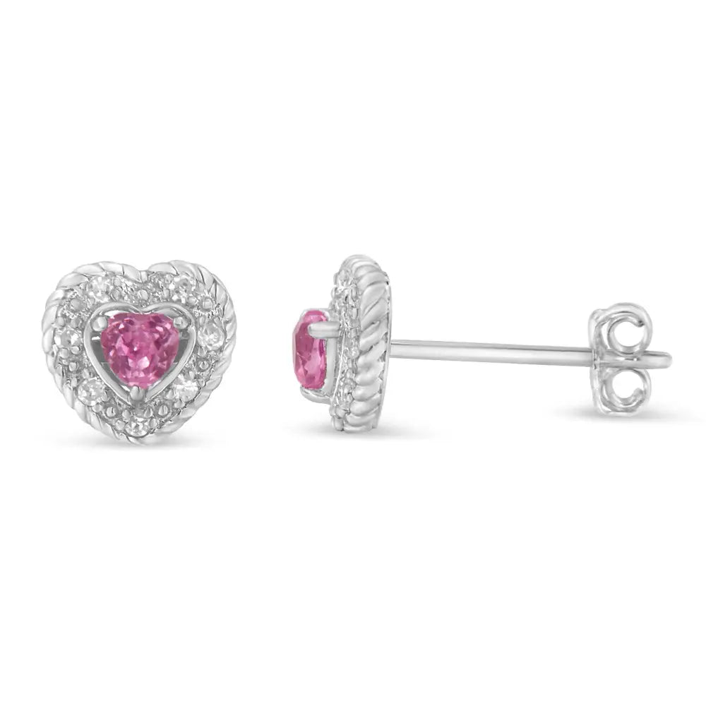 .925 Sterling Silver Created Pink Sapphire & Diamond-accented 5/8’’ Heart-shaped Rope Stud Earrings (i-j Color