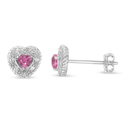 .925 Sterling Silver Created Pink Sapphire & Diamond-accented 5/8’’ Heart-shaped Rope Stud Earrings (i-j Color