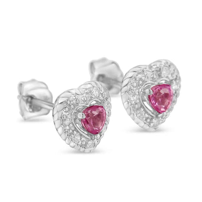 .925 Sterling Silver Created Pink Sapphire & Diamond-accented 5/8’’ Heart-shaped Rope Stud Earrings (i-j Color