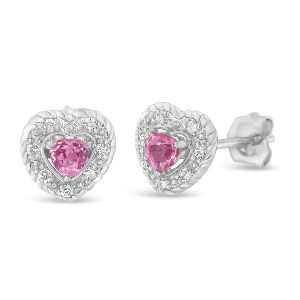 .925 Sterling Silver Created Pink Sapphire & Diamond-accented 5/8’’ Heart-shaped Rope Stud Earrings (i-j Color