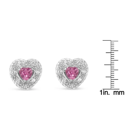 .925 Sterling Silver Created Pink Sapphire & Diamond-accented 5/8’’ Heart-shaped Rope Stud Earrings (i-j Color