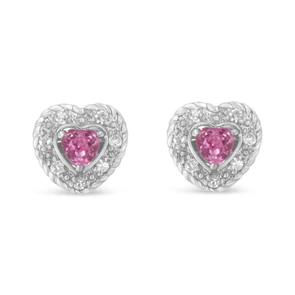 .925 Sterling Silver Created Pink Sapphire & Diamond-accented 5/8’’ Heart-shaped Rope Stud Earrings (i-j Color