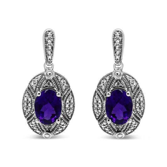 .925 Sterling Silver Diamond Accent and 8x6mm Purple Oval Amethyst Stud Earrings (i-j Color I1-i2 Clarity) - Fine