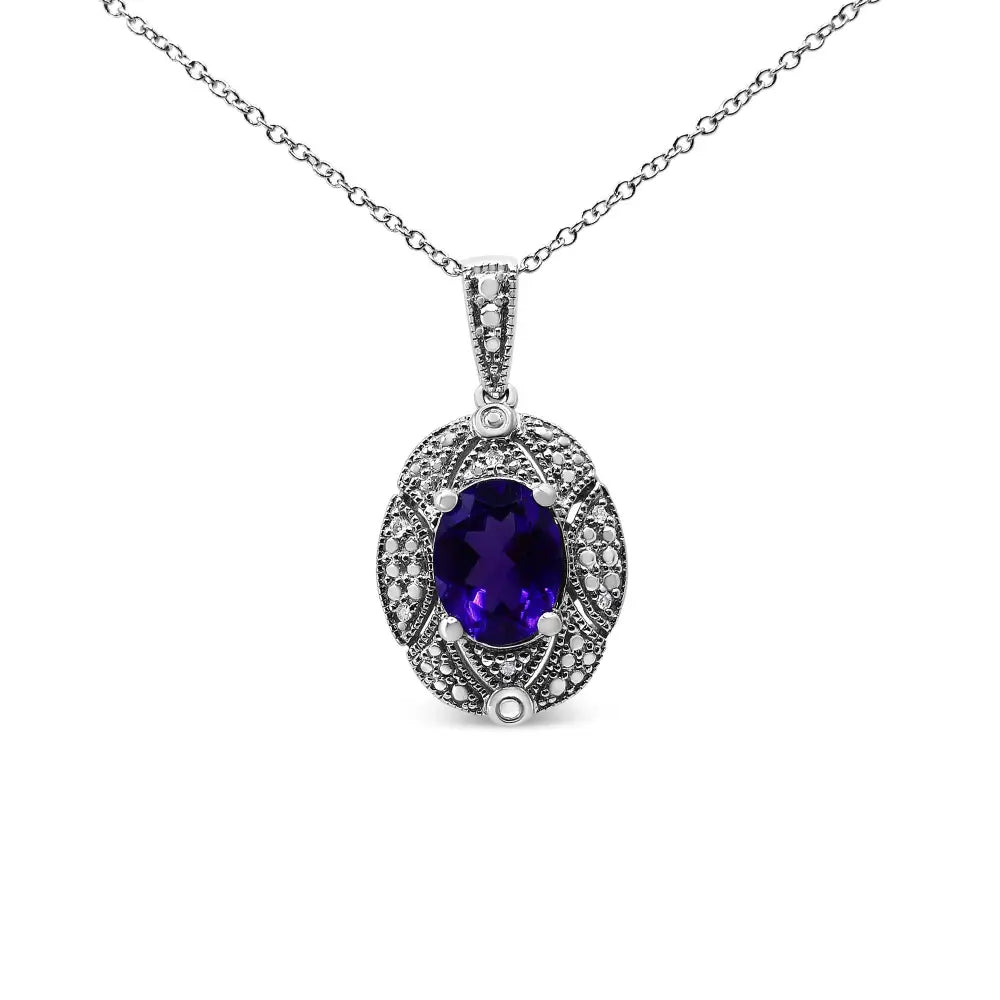 .925 Sterling Silver Diamond Accent and 9x7mm Purple Oval Amethyst Gemstone Pendant 18’’ Necklace (i-j Color I1-i2