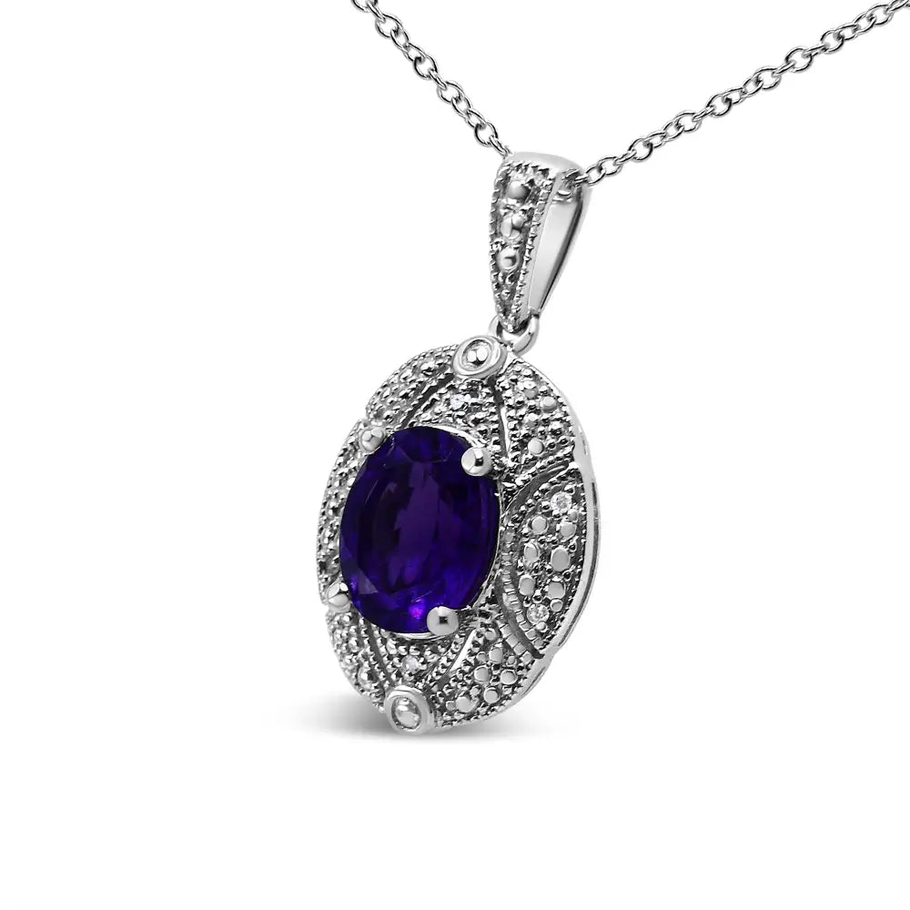 .925 Sterling Silver Diamond Accent and 9x7mm Purple Oval Amethyst Gemstone Pendant 18’’ Necklace (i-j Color I1-i2