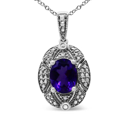 .925 Sterling Silver Diamond Accent and 9x7mm Purple Oval Amethyst Gemstone Pendant 18’’ Necklace (i-j Color I1-i2