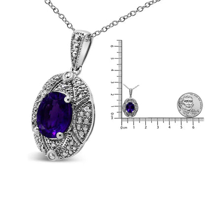 .925 Sterling Silver Diamond Accent and 9x7mm Purple Oval Amethyst Gemstone Pendant 18’’ Necklace (i-j Color I1-i2