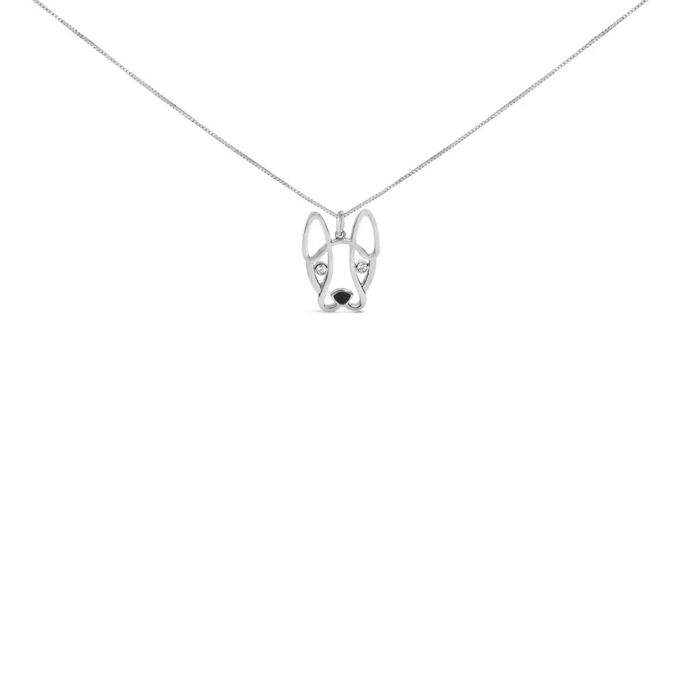 .925 Sterling Silver Diamond Accent and Black Enamel French Bullldog 18’’ Inch Pendant Necklace Inch (i-j Color