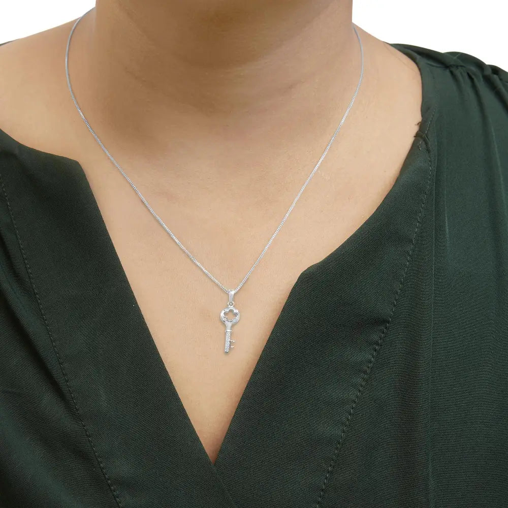 .925 Sterling Silver Diamond Accent Key Pendant Necklace (i-j Color I2-i3 Clarity) - 18’’ Inches - Fine Jewelry