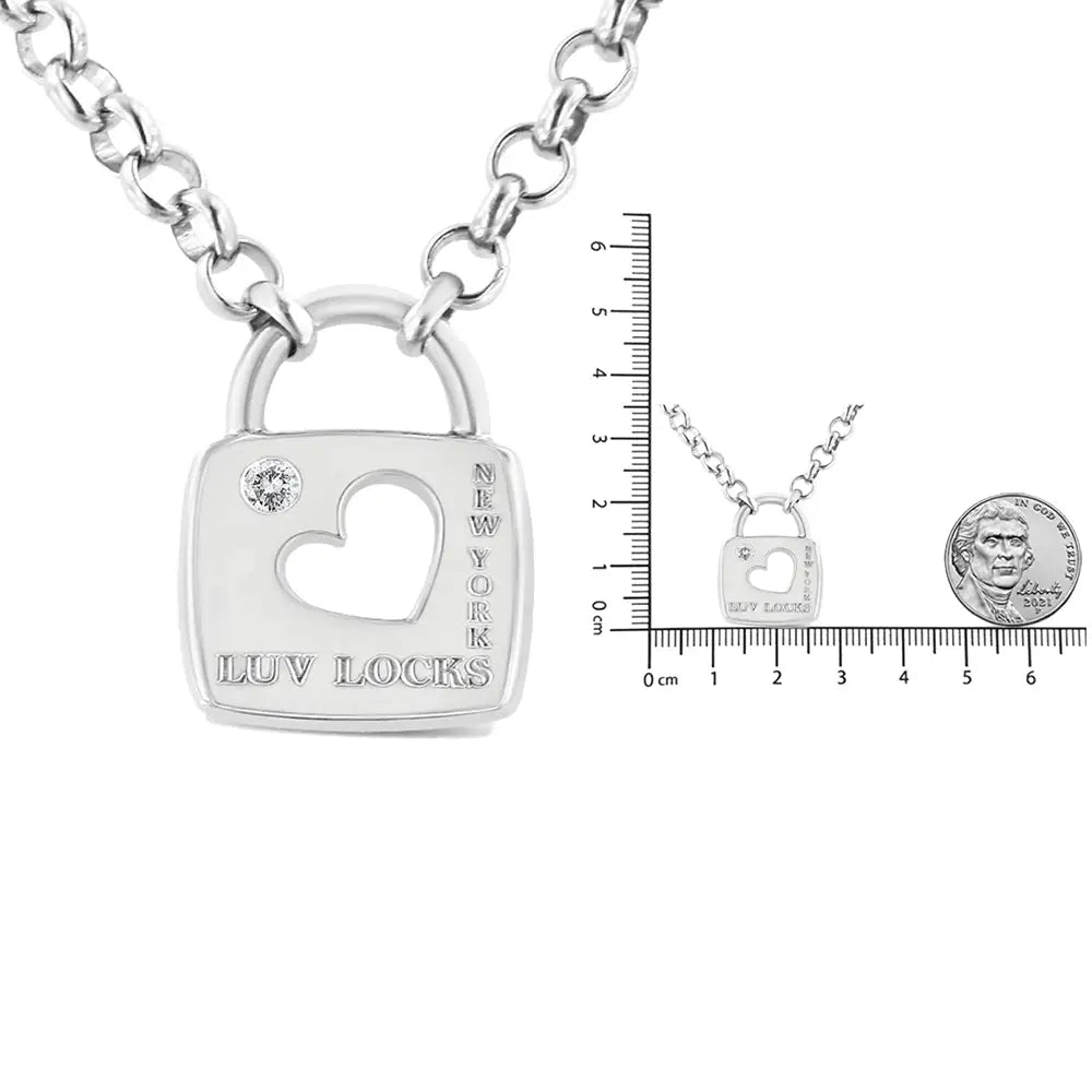 .925 Sterling Silver Diamond Accent Open Heart Love Lock Pendant 18’’ Necklace (i2-i3 Clarity H-i Color) - Fine