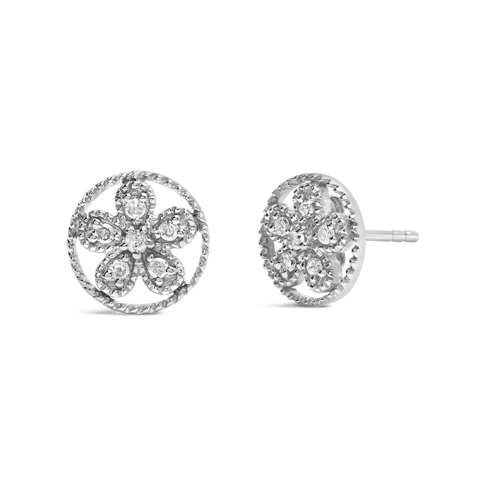 .925 Sterling Silver Diamond Accent Star and Wheel Milgrain Style Stud Earrings (i-j Color I2-i3 Clarity) - Fine