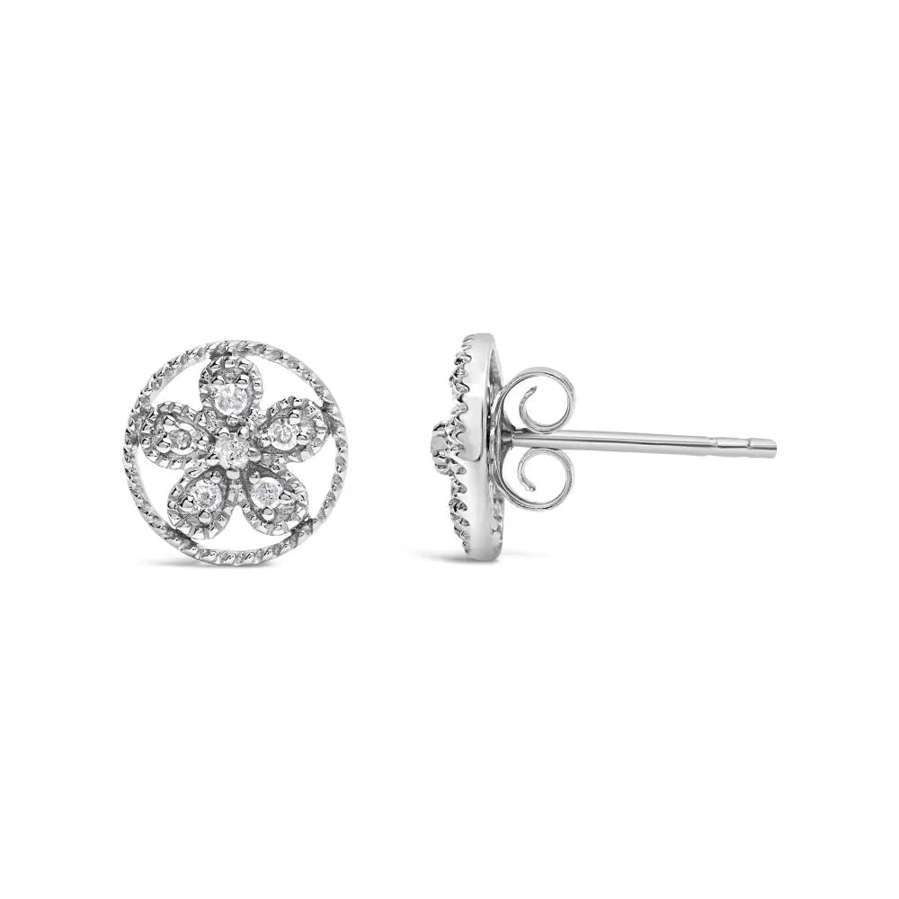 .925 Sterling Silver Diamond Accent Star and Wheel Milgrain Style Stud Earrings (i-j Color I2-i3 Clarity) - Fine