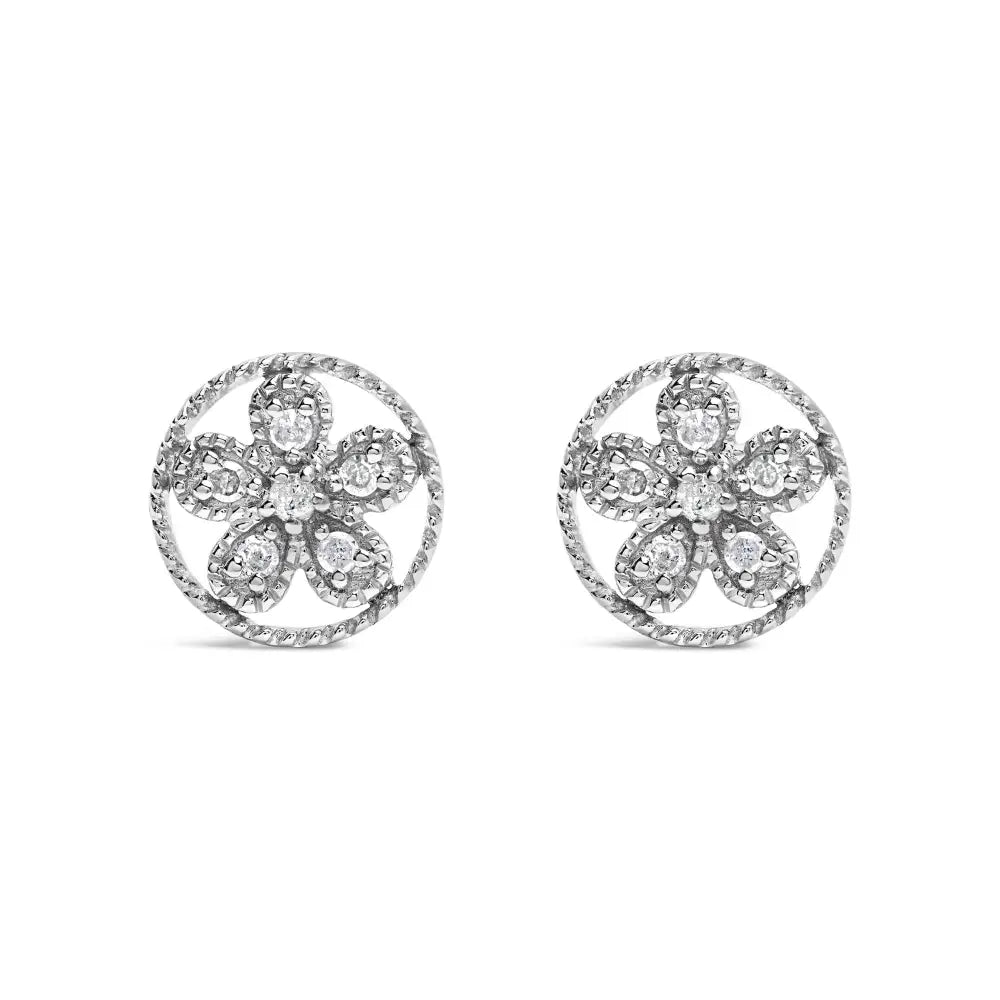 .925 Sterling Silver Diamond Accent Star and Wheel Milgrain Style Stud Earrings (i-j Color I2-i3 Clarity) - Fine