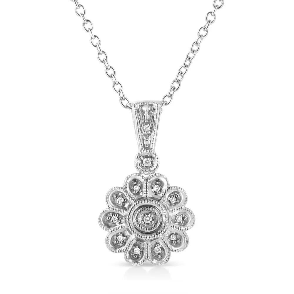 .925 Sterling Silver Diamond Accent Sunburst Milgrain 18’’ Pendant Necklace (i-j Color I1-i2 Clarity) - Fine