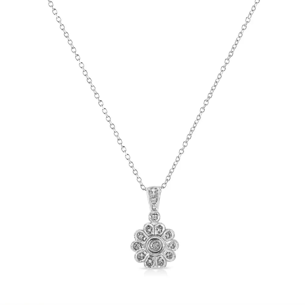 .925 Sterling Silver Diamond Accent Sunburst Milgrain 18’’ Pendant Necklace (i-j Color I1-i2 Clarity) - Fine