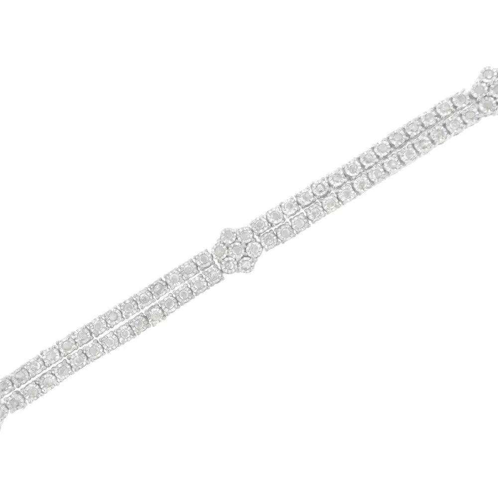 .925 Sterling Silver Diamond Double Row and Floral Cluster Tennis Bracelet (2 Cttw I-j Color I3 Clarity) - Size