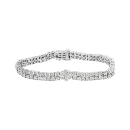 .925 Sterling Silver Diamond Double Row and Floral Cluster Tennis Bracelet (2 Cttw I-j Color I3 Clarity) - Size