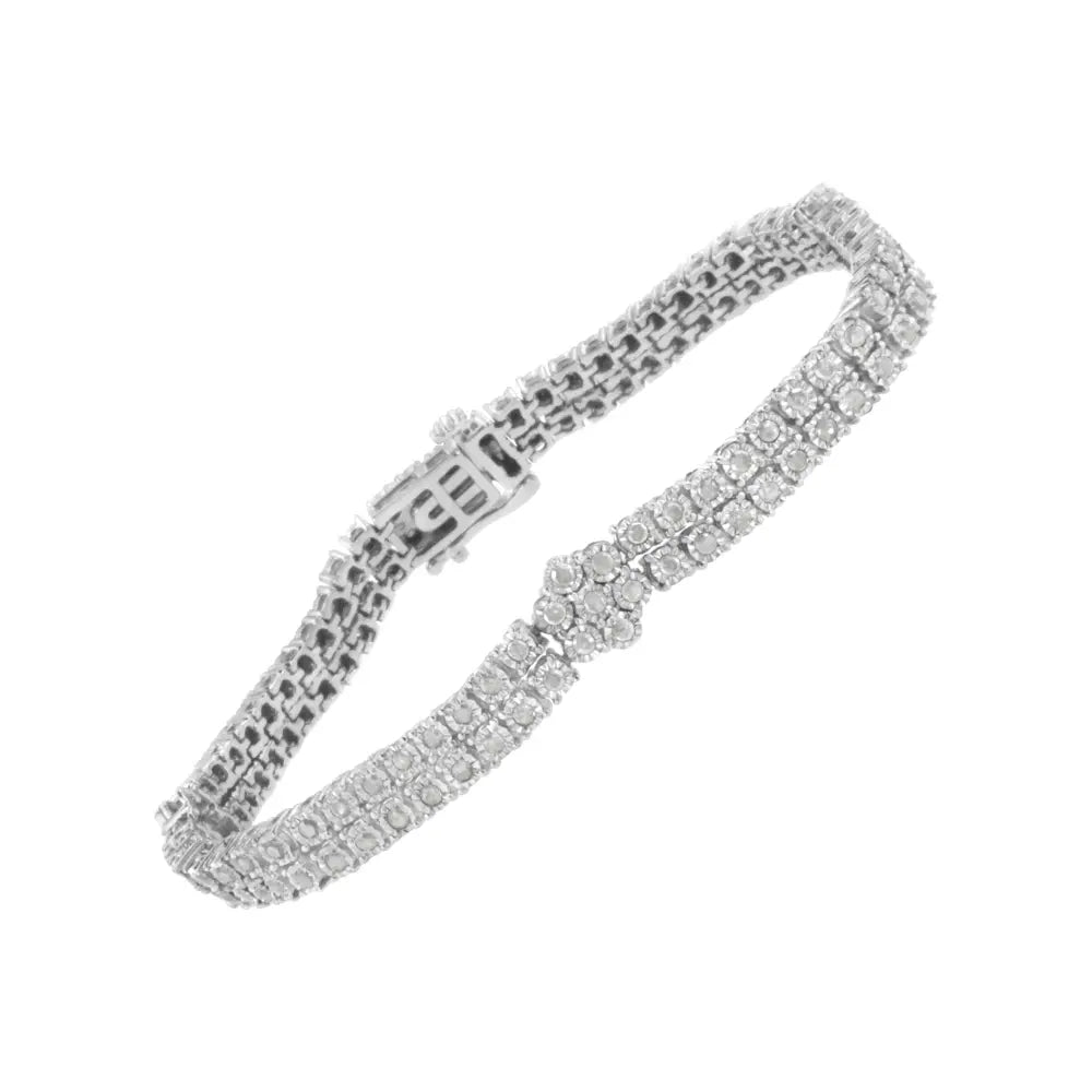 .925 Sterling Silver Diamond Double Row and Floral Cluster Tennis Bracelet (2 Cttw I-j Color I3 Clarity) - Size