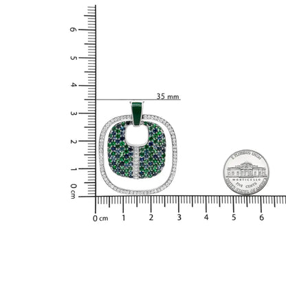 .925 Sterling Silver Green Enamel Pendant with 1/2 Cttw Diamond Sapphire and Tsavorite Openwork Statement 18’’